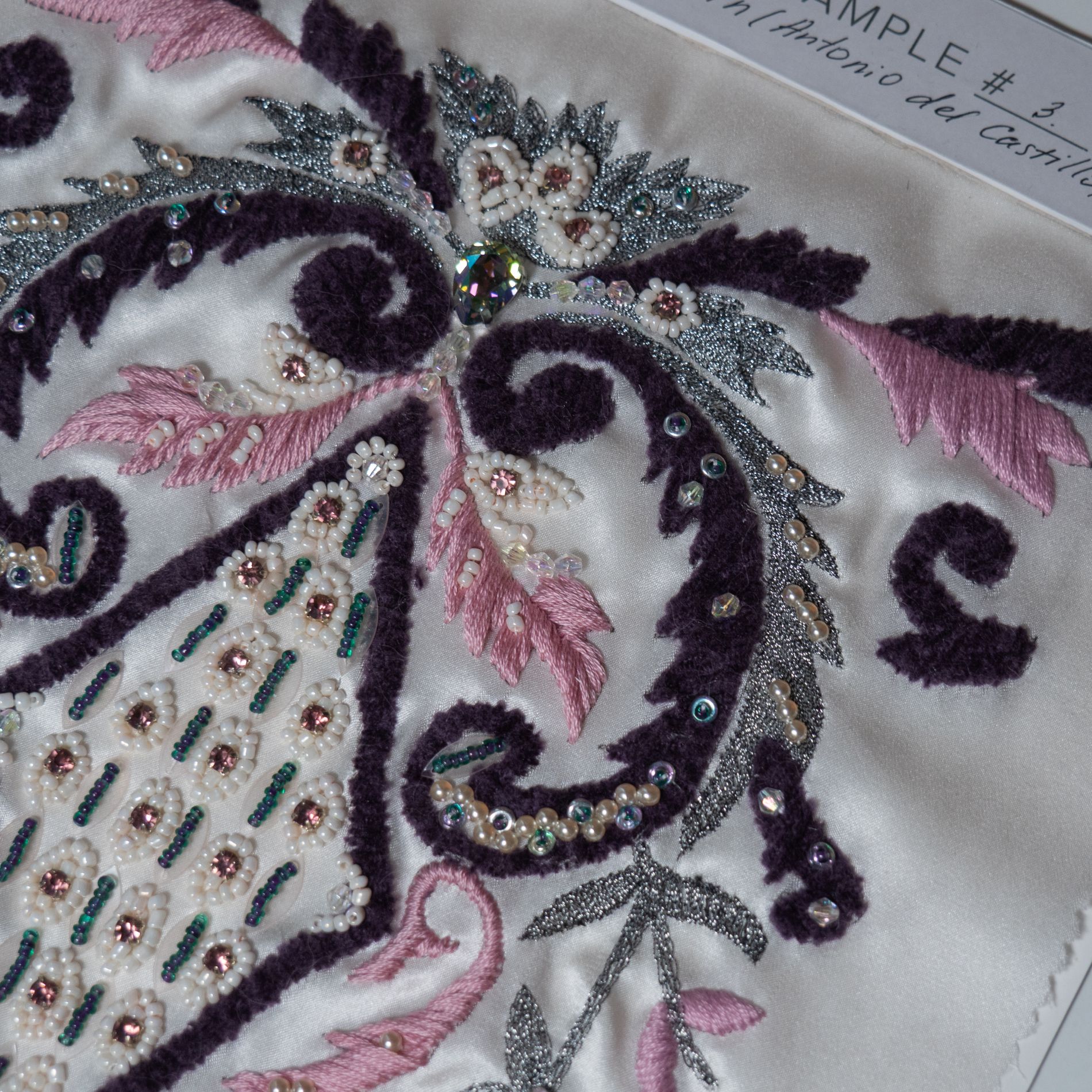 Lanvin 1950s Antonio del Castillo Couture Embroidery Sample Luneville couture embroidery sample inspired by a 1950s Lanvin design by Antonio del Castillo, featuring baroque scrolls, chenille work, beads, sequins, and metallic thread on satin.