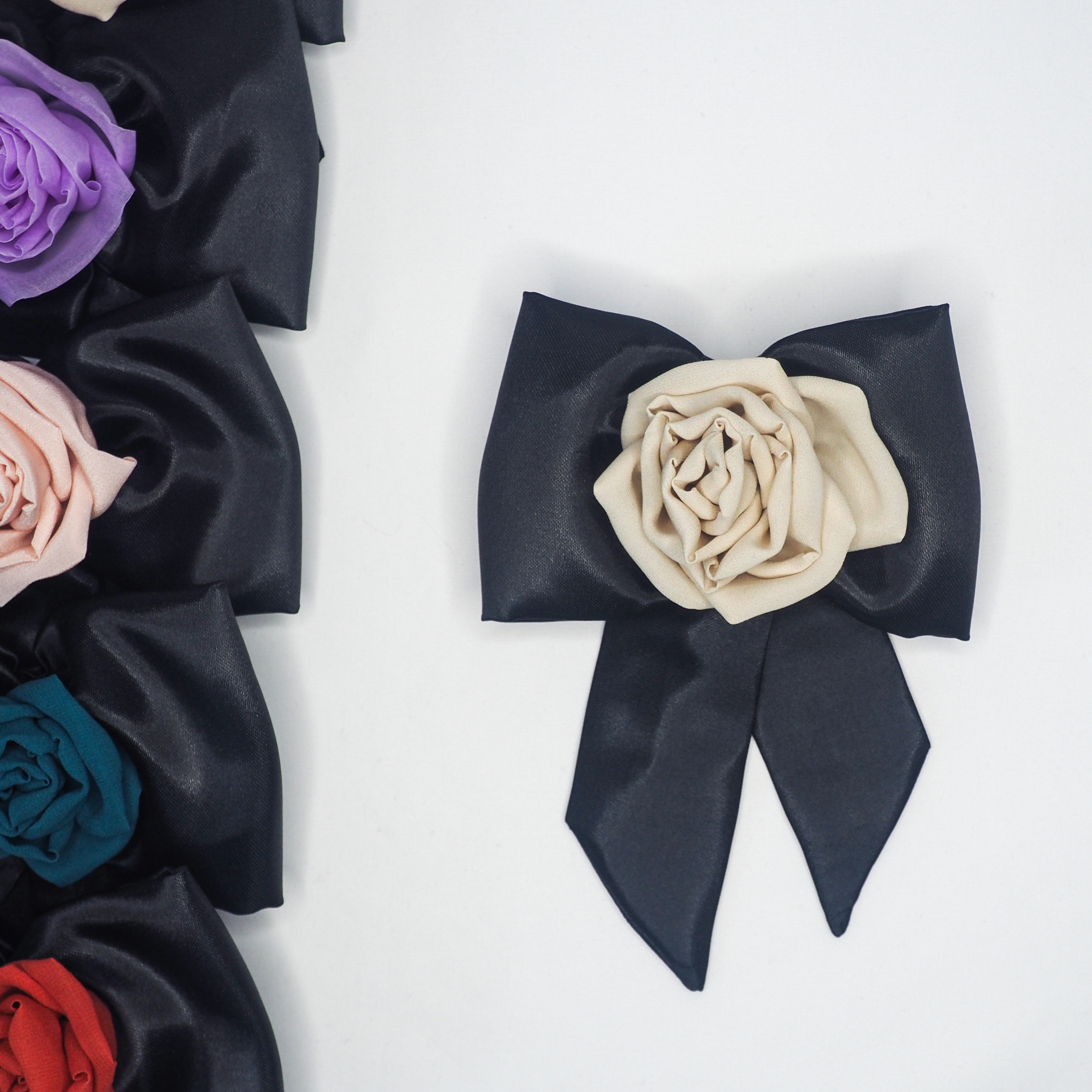 Silk Rose Black Bow Brooch Handmade