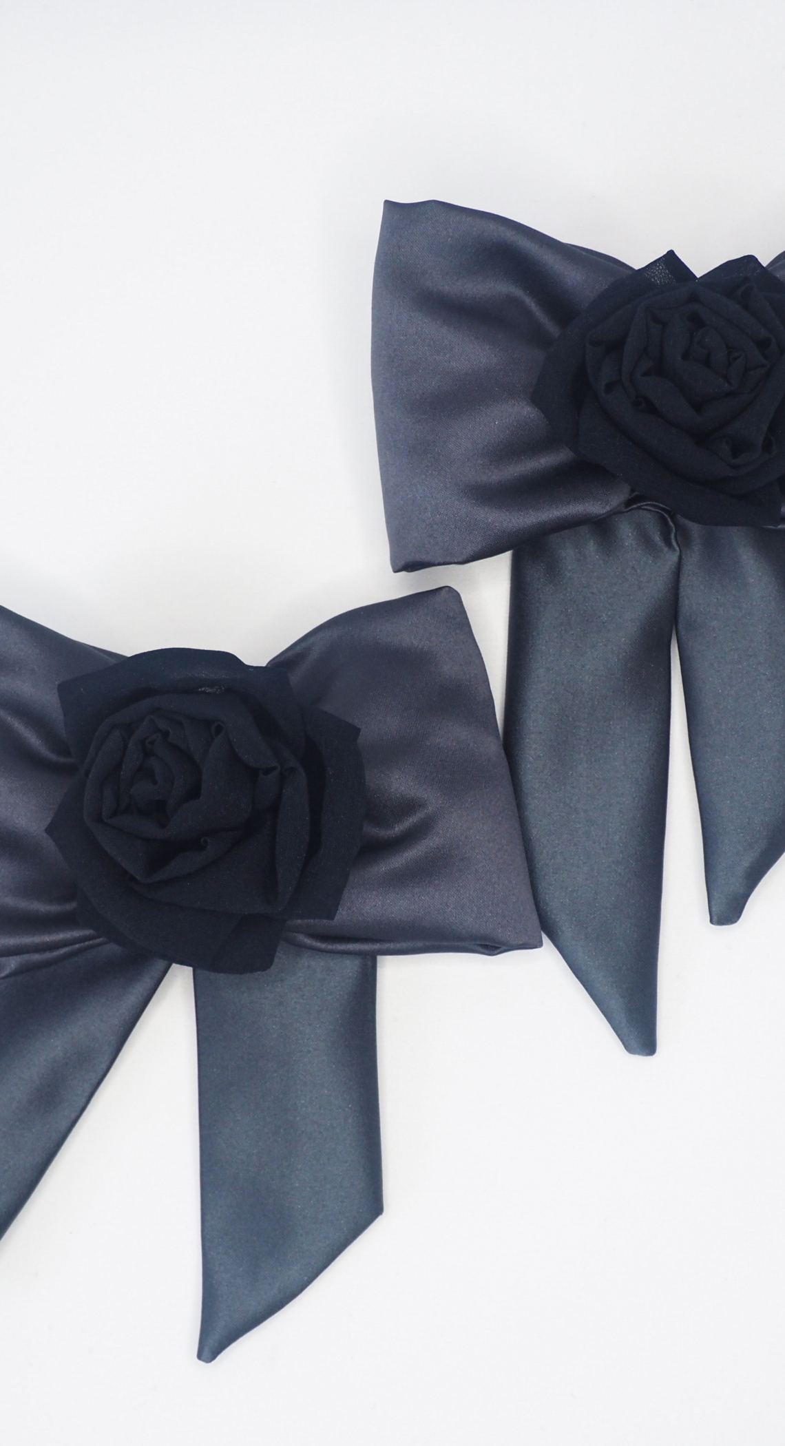 Black Silk Chiffon Rose Gun Metal (Grey) Bow Brooches