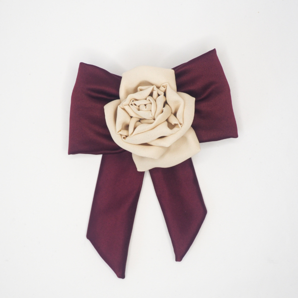 Silk Rose Burgundy Bow Brooch