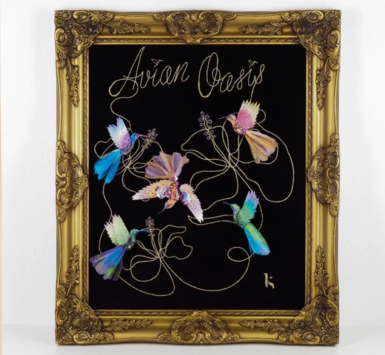 Avian Oasis - collection of handmade hummingbird brooches - hand embroidery by Ksenia Semirova