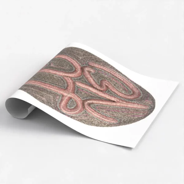 Art print of the hand-embroidered artwork Love, featuring intricate pink and brown stitching on a textured background, printed on thick matte art paper