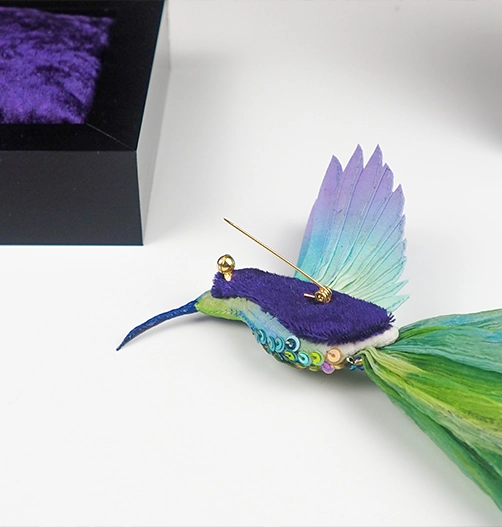 Avian Oasis Details - collection of handmade hummingbird brooches - hand embroidery by Ksenia Semirova