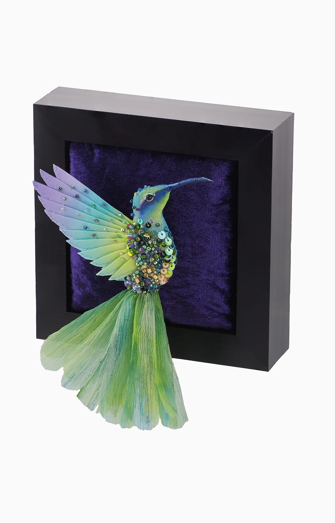 Flying Hummingbird Textile Wall Panel and Brooch Pin | Green, Blue and Purple - handcrafted hummingbird art
