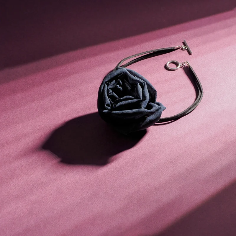 Black Silk Rose Choker Necklace with Toggle Clasp