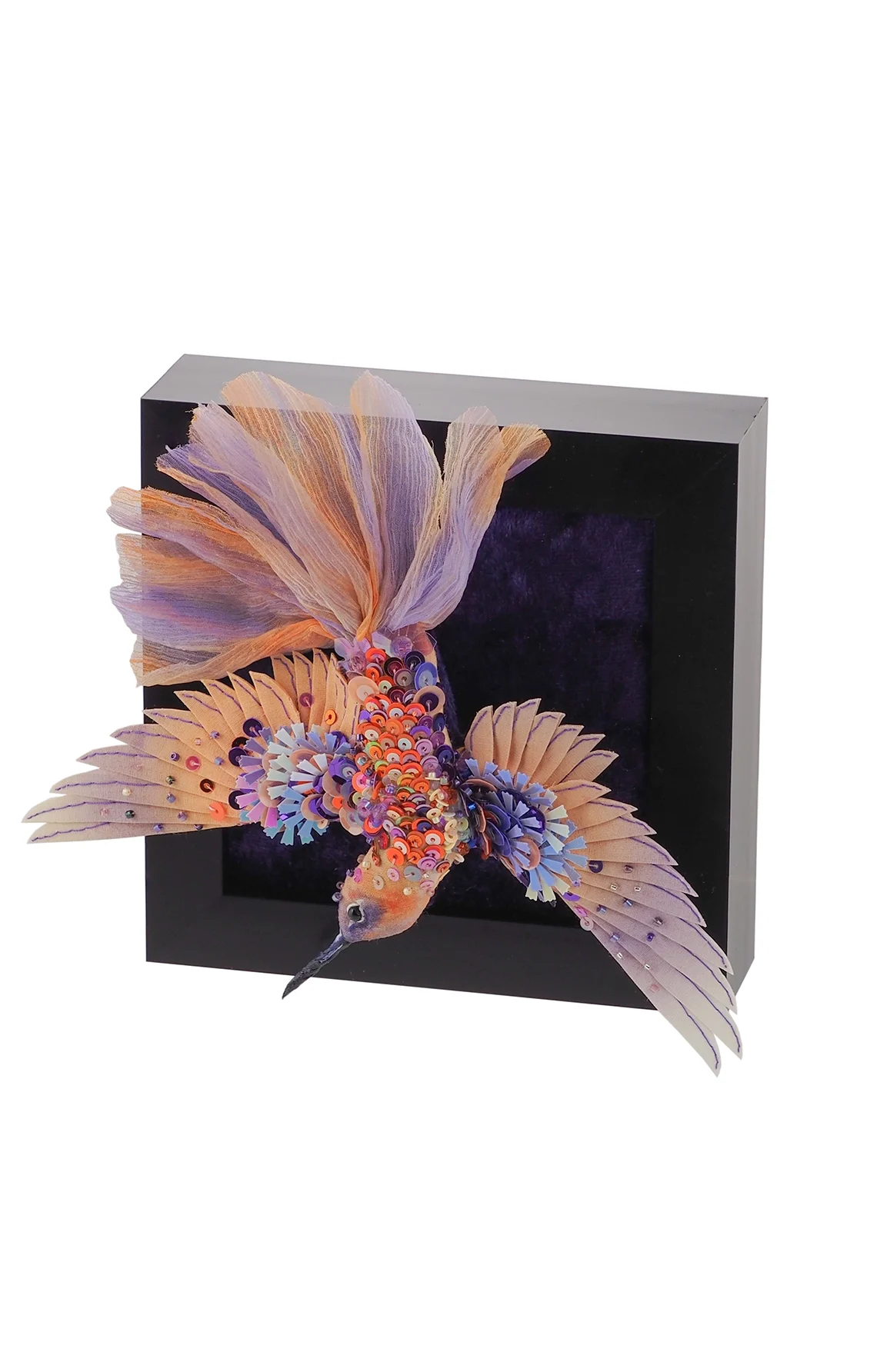 Hummingbird Spreading Wings Wall Panel and Brooch, showcasing intricate hand-dyed chiffon and silk, shimmering beads, and vibrant sequins in a three-dimensional design