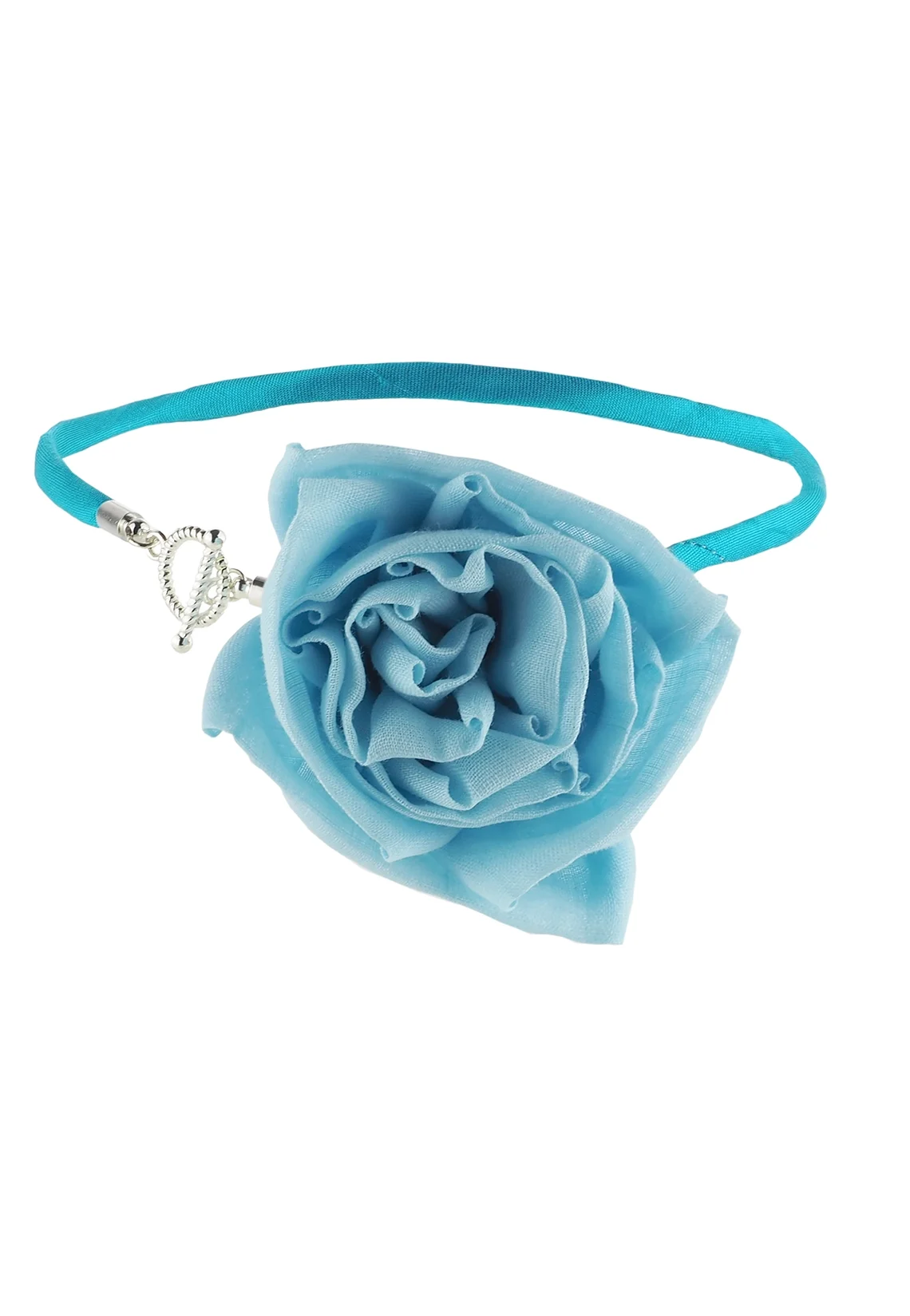 Blue Silk Linen Rose Choker Necklace with Toggle Clasp