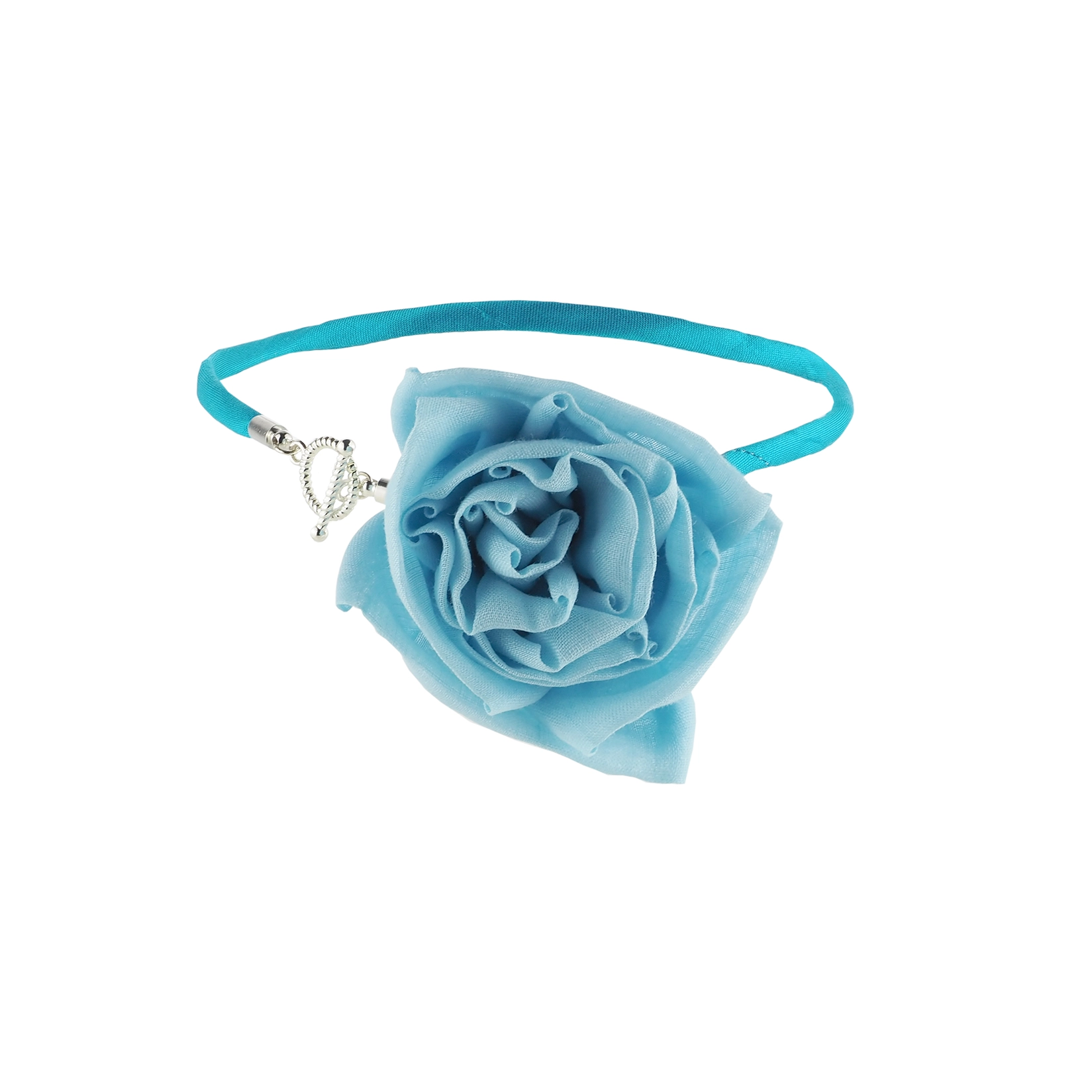 Blue Silk Linen Rose Choker Necklace with Toggle Clasp