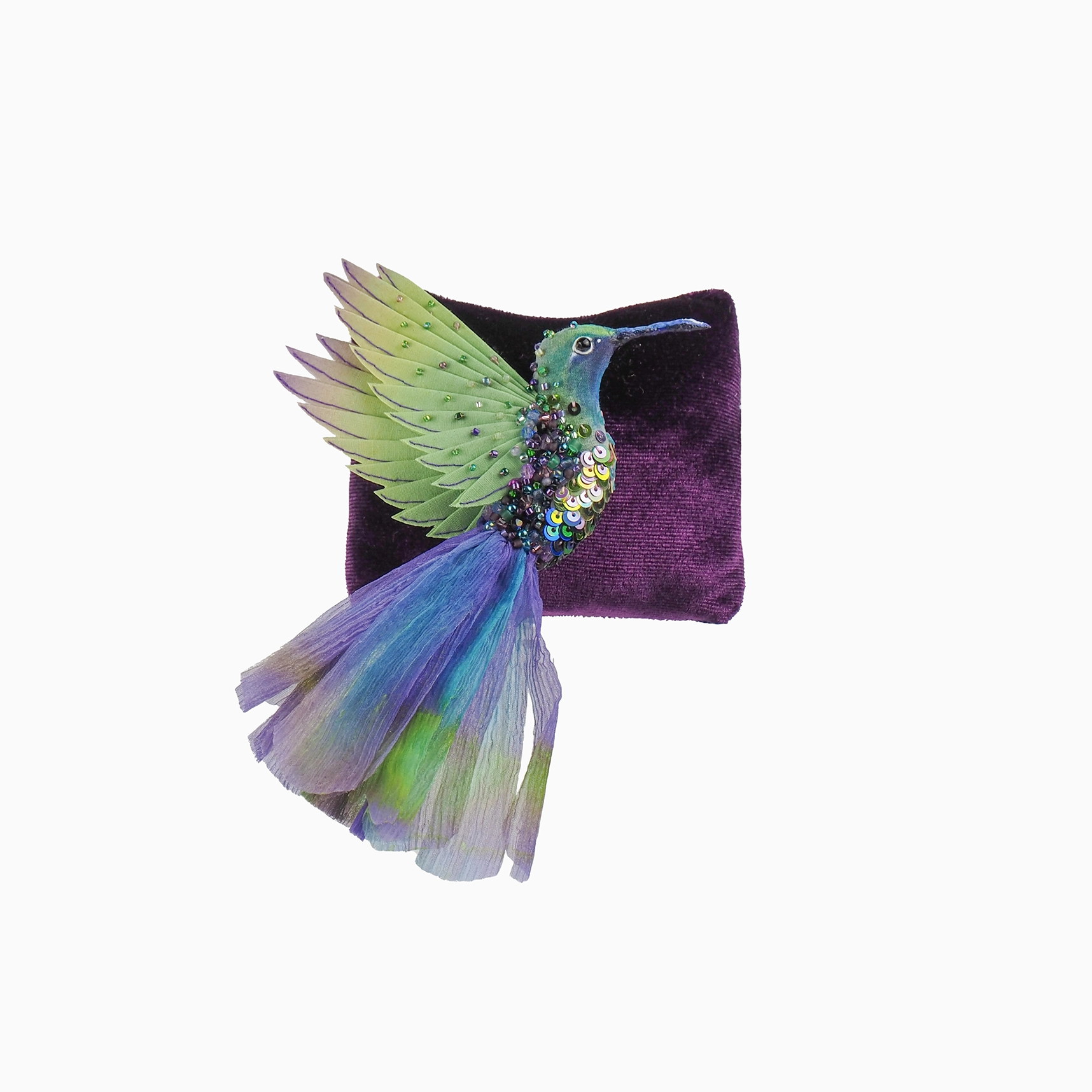 Flying Hummingbird Textile Wall Panel and Brooch Forest Green and Purple - handcrafted in the UK hummingbird art