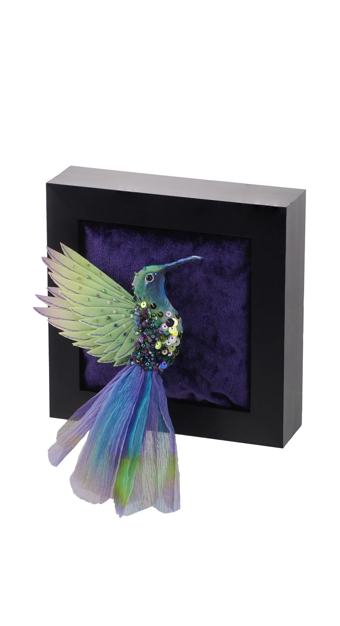 Flying Hummingbird Textile Wall Panel and Brooch Forest Green and Purple - handcrafted in the UK hummingbird art