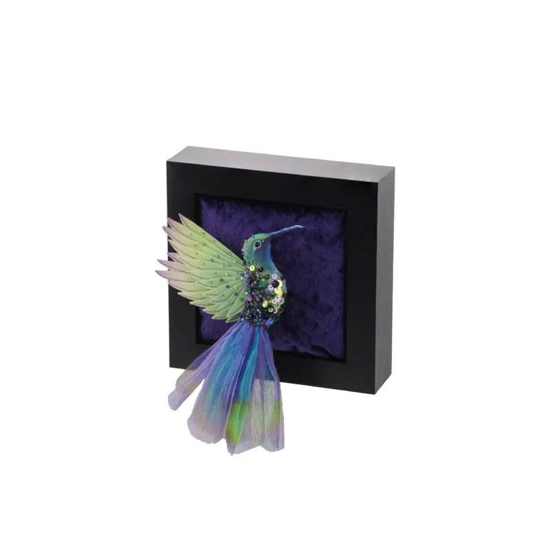 Flying Hummingbird Textile Wall Panel and Brooch Forest Green and Purple - handcrafted in the UK hummingbird art