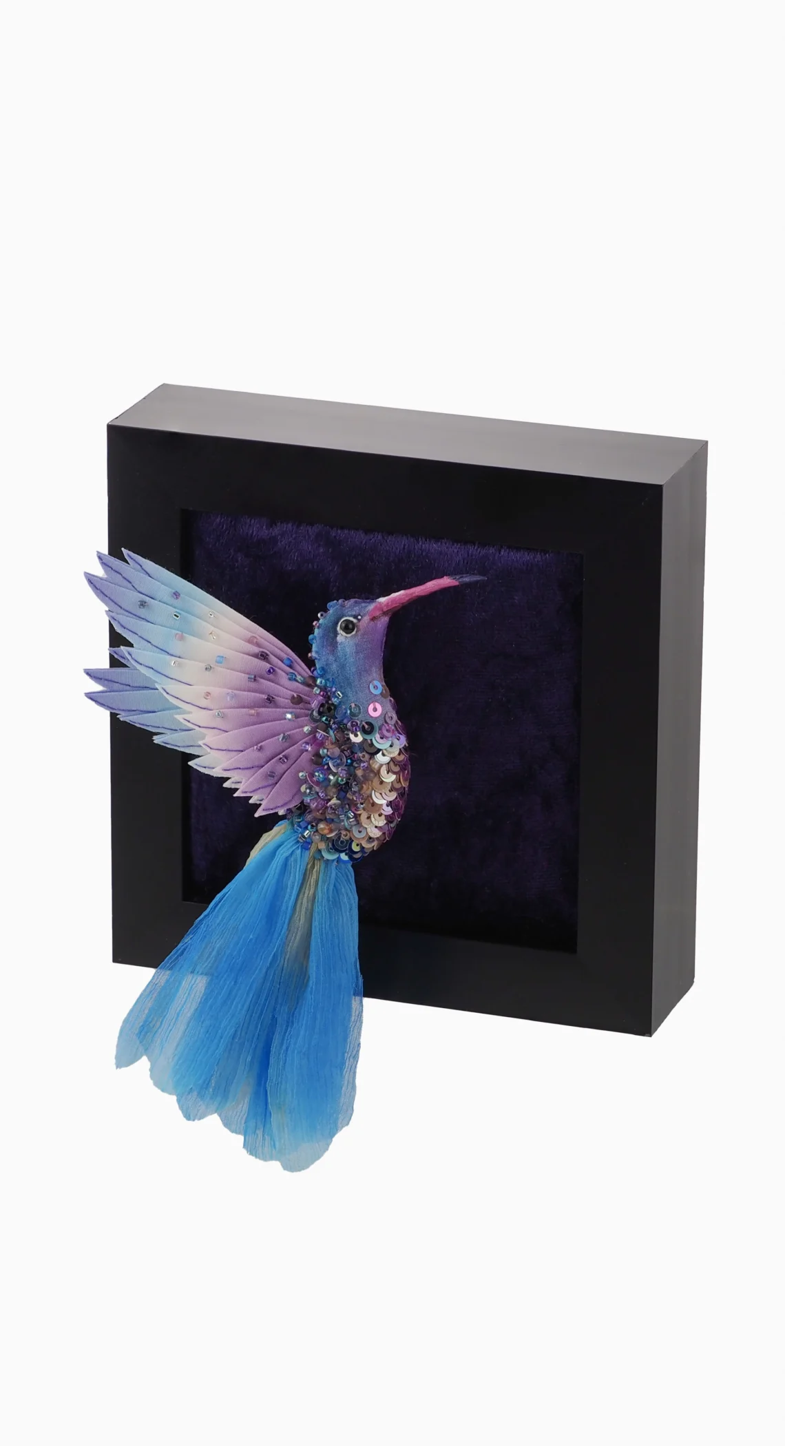 Flying Hummingbird Textile Wall Panel and Brooch Blue and Purple - handcrafted hummingbird art