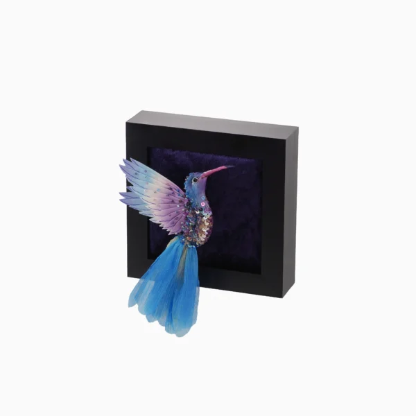 Flying Hummingbird Textile Wall Panel and Brooch Blue and Purple - handcrafted hummingbird art