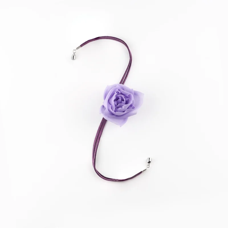 Purple Silk Organza Rose Choker Necklace with Toggle Clasp