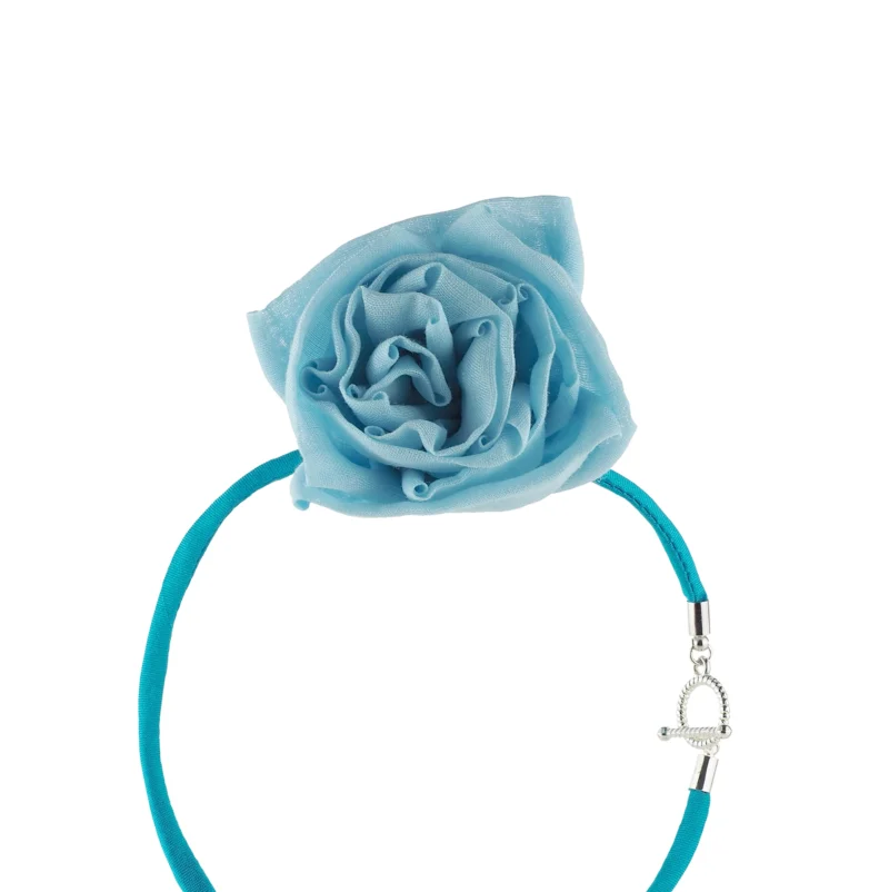 Blue Silk Linen Rose Choker Necklace with Toggle Clasp