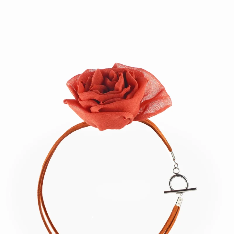 Red Silk Rose Choker Necklace with Toggle Clasp