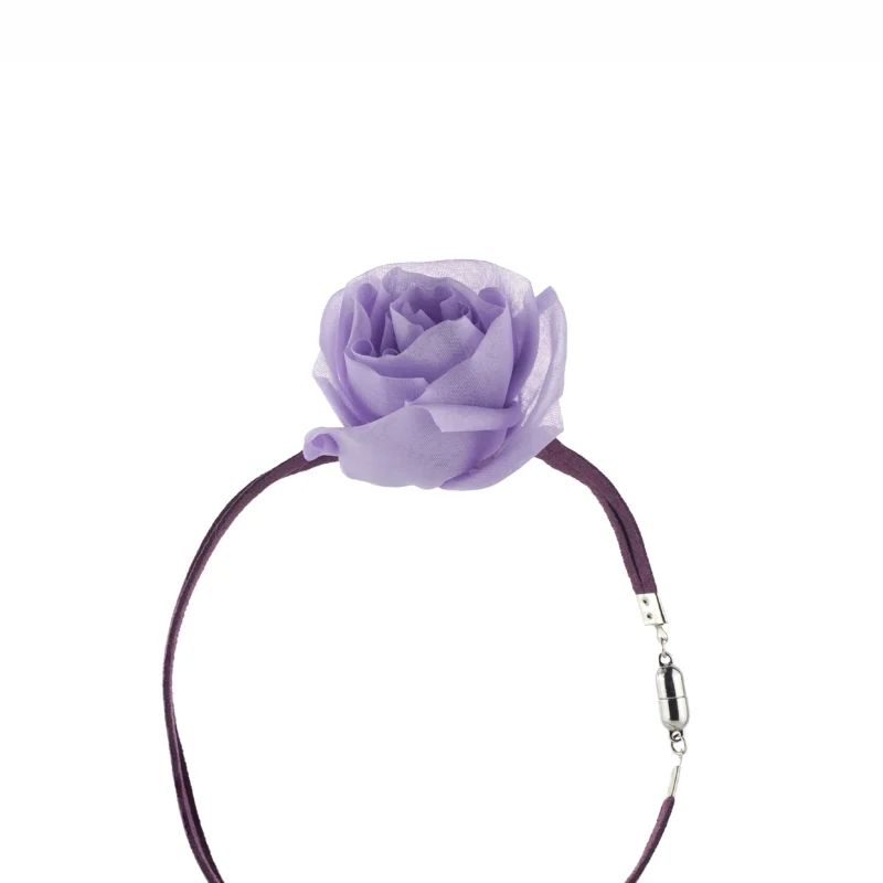 Purple Silk Organza Rose Choker Necklace with Toggle Clasp