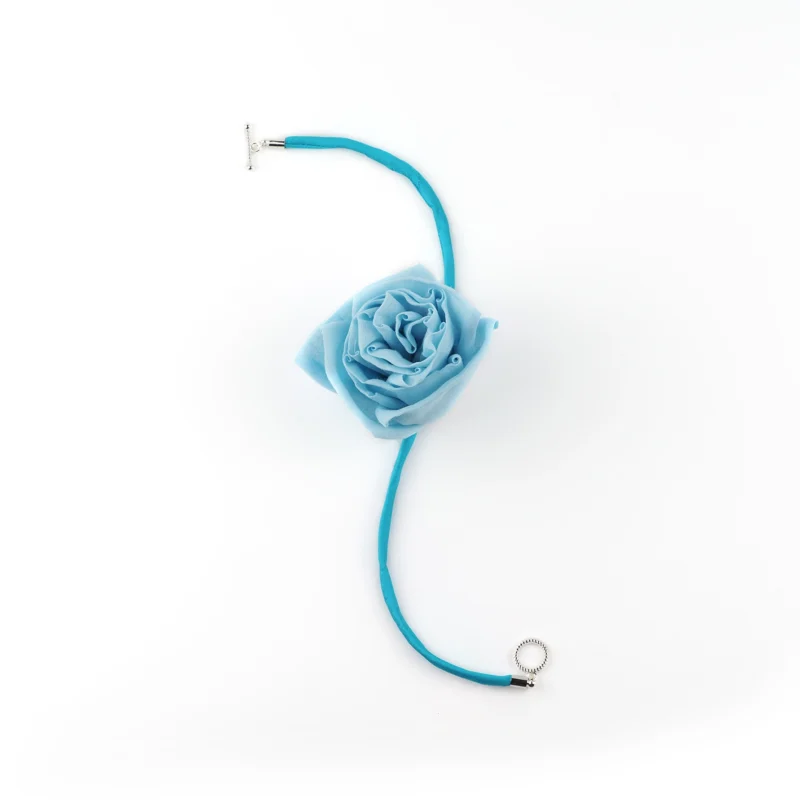 Blue Silk Linen Rose Choker Necklace with Toggle Clasp