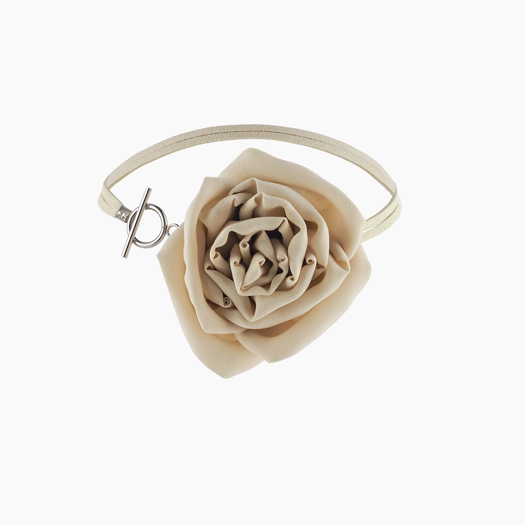 Nude Silk Rose Choker Necklace with Toggle Clasp