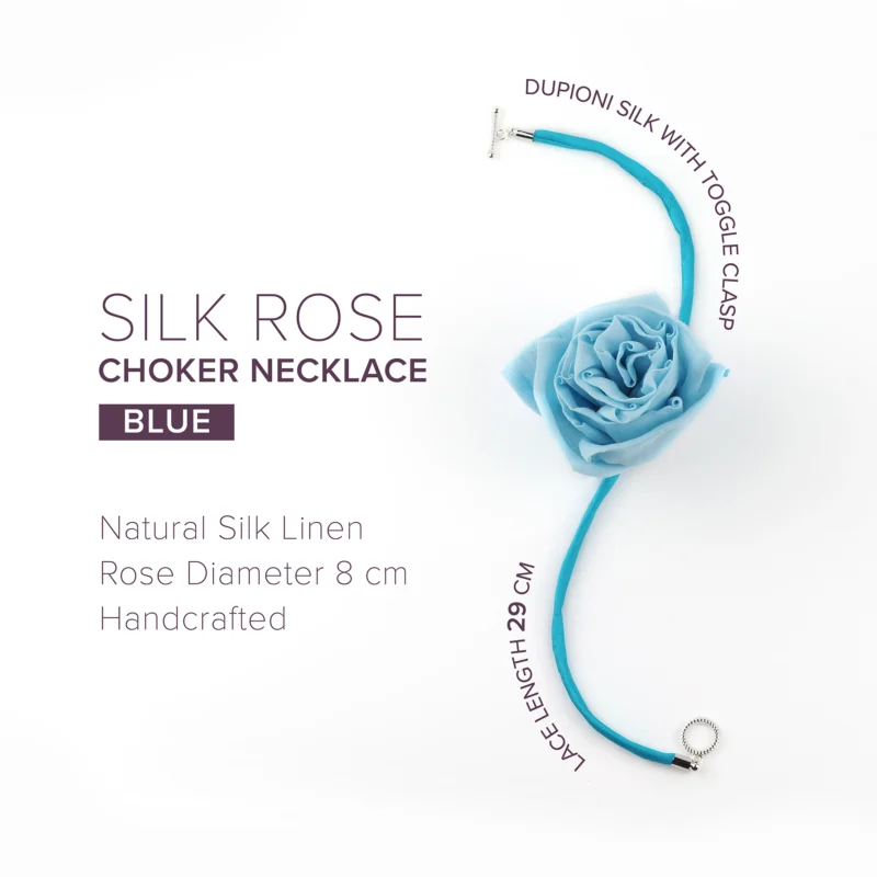 Blue Silk Linen Rose Choker Necklace with Toggle Clasp