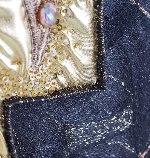 Believe – Contemporary Hand Embroidery Fine Art Detail | Ksenia Semirova. Embroidery art Close-up of black and gold textures in the embroidery artwork Believe by Ksenia Semirova, showing metallic threadwork and textile depth.