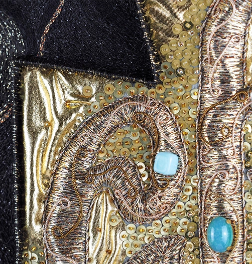 Believe – Goldwork and Tambour Embroidery Texture Detail | Ksenia Semirova. Embroidery art Section of Believe by Ksenia Semirova showing rich gold threadwork, tambour stitching, and metallic textile surface creating depth and rhythm.