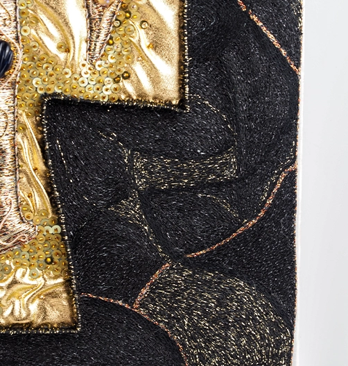 Believe – Goldwork Embroidery Detail with Raised Vyaz Lettering | Ksenia Semirova. Embroidery art Close-up of raised Vyaz lettering in goldwork embroidery from Believe by Ksenia Semirova, showing metallic textures, couching, and fine embellishment details.