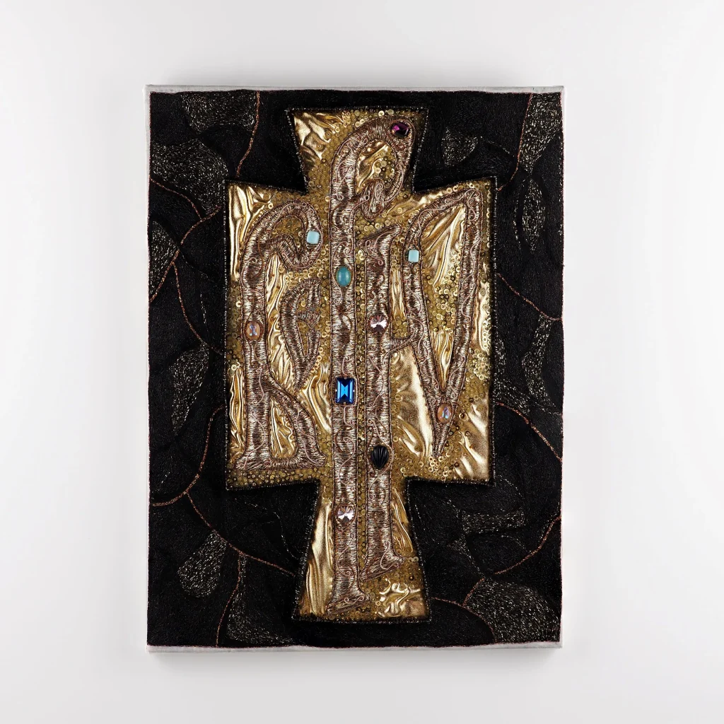 Believe – Vyaz Goldwork Embroidery Wall Panel by Ksenia Semirova | Ksenia Semirova. Embroidery art Completed embroidery artwork Believe by Ksenia Semirova, featuring gold Vyaz lettering in a cross formation on black background with Byzantine-inspired symmetry.