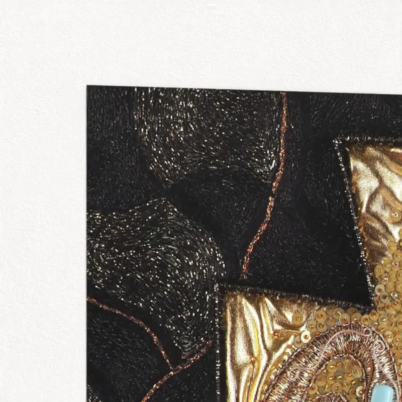 A detailed close-up of the Believe art print, showcasing intricate textures and shimmering gold highlights on a dark background, inspired by goldwork embroidery