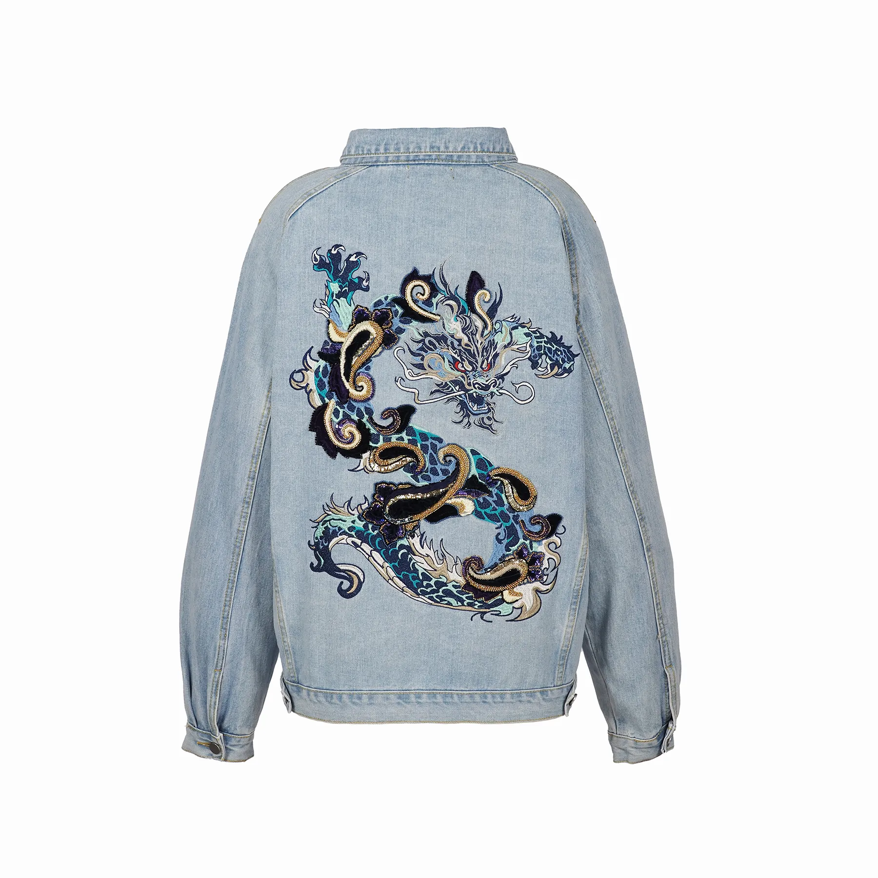 Hand-embroidered dragon denim jacket with velvet, beads, and vintage sequins