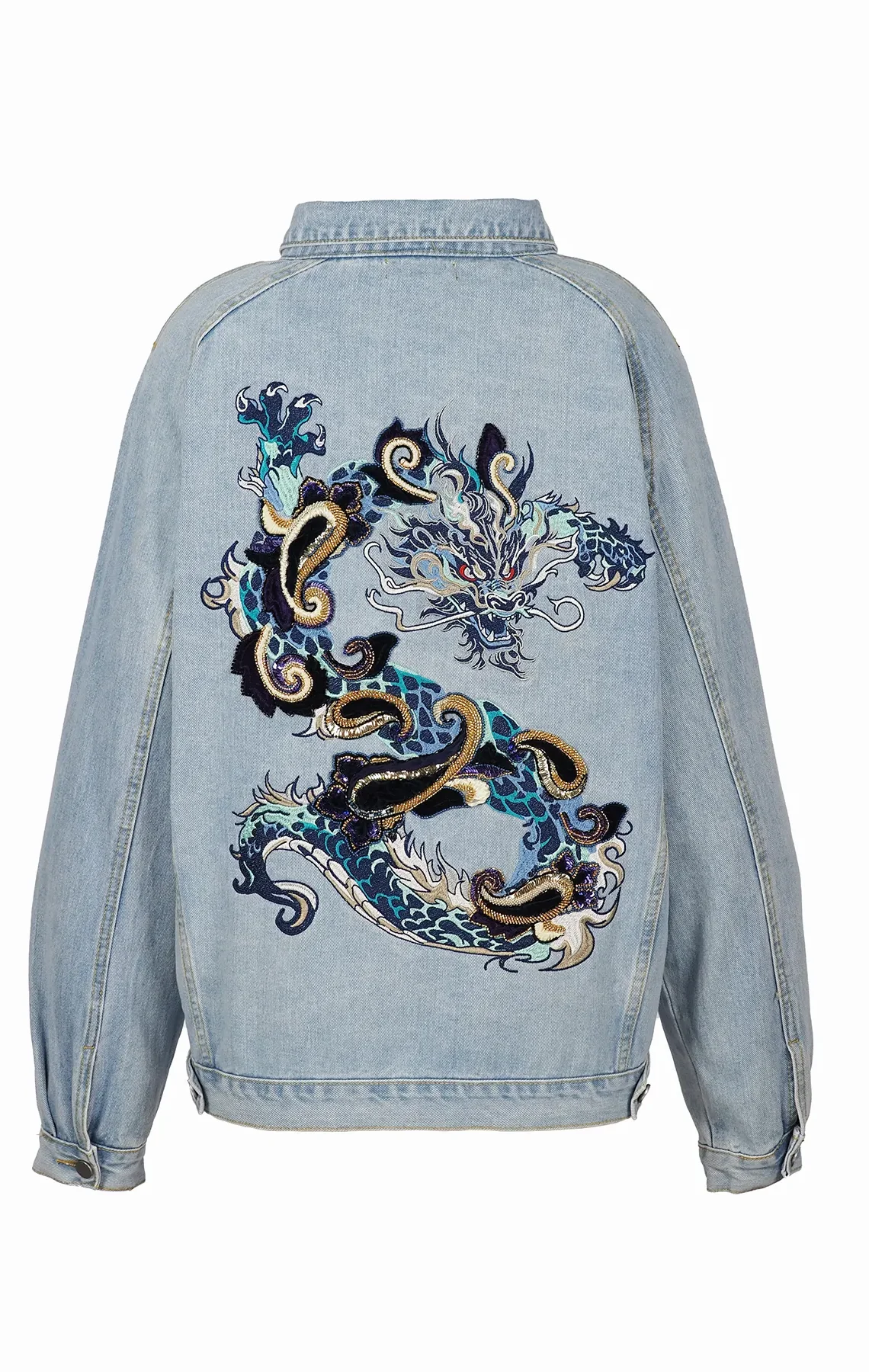 Hand-embroidered dragon denim jacket with velvet, beads, and vintage sequins