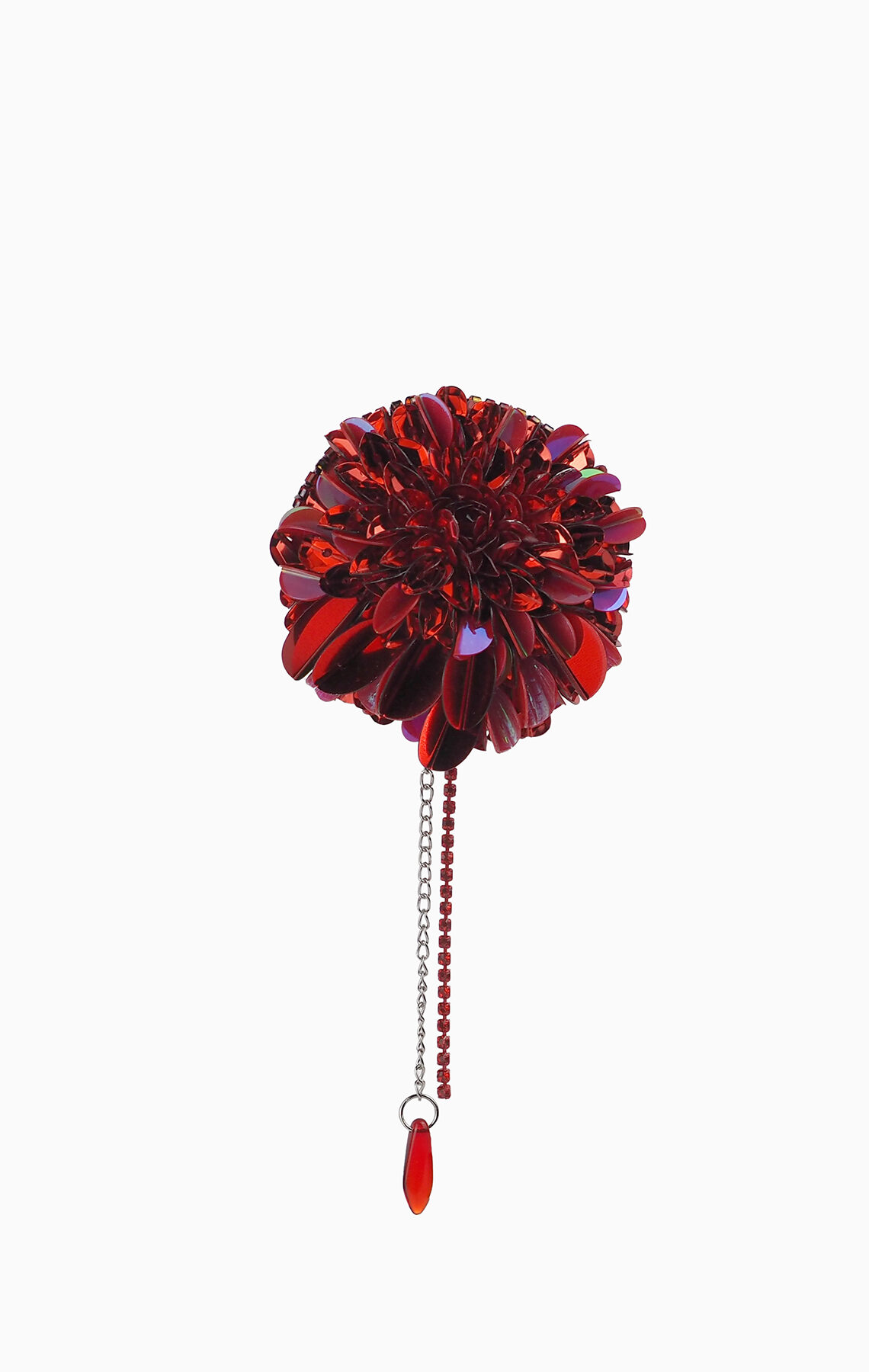 Limited Edition Red Dahlia Brooch featuring hand-embroidered red sequins and beads, with a blood drop bead and rhinestone chain for a gothic fashion accessory