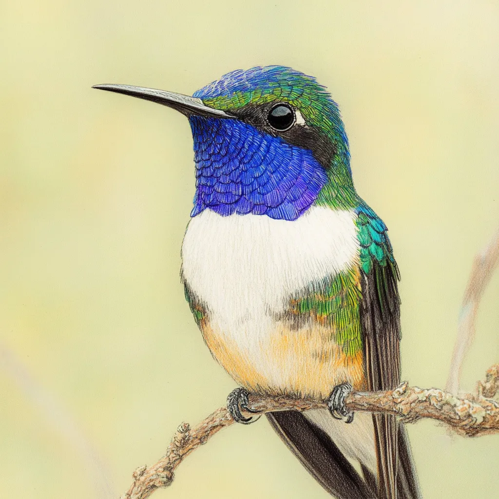 A beautiful illustration of the Blue-throated Hillstar hummingbird perched on a branch. Part of the Handcrafted Hummingbird Art Pre-Order collection