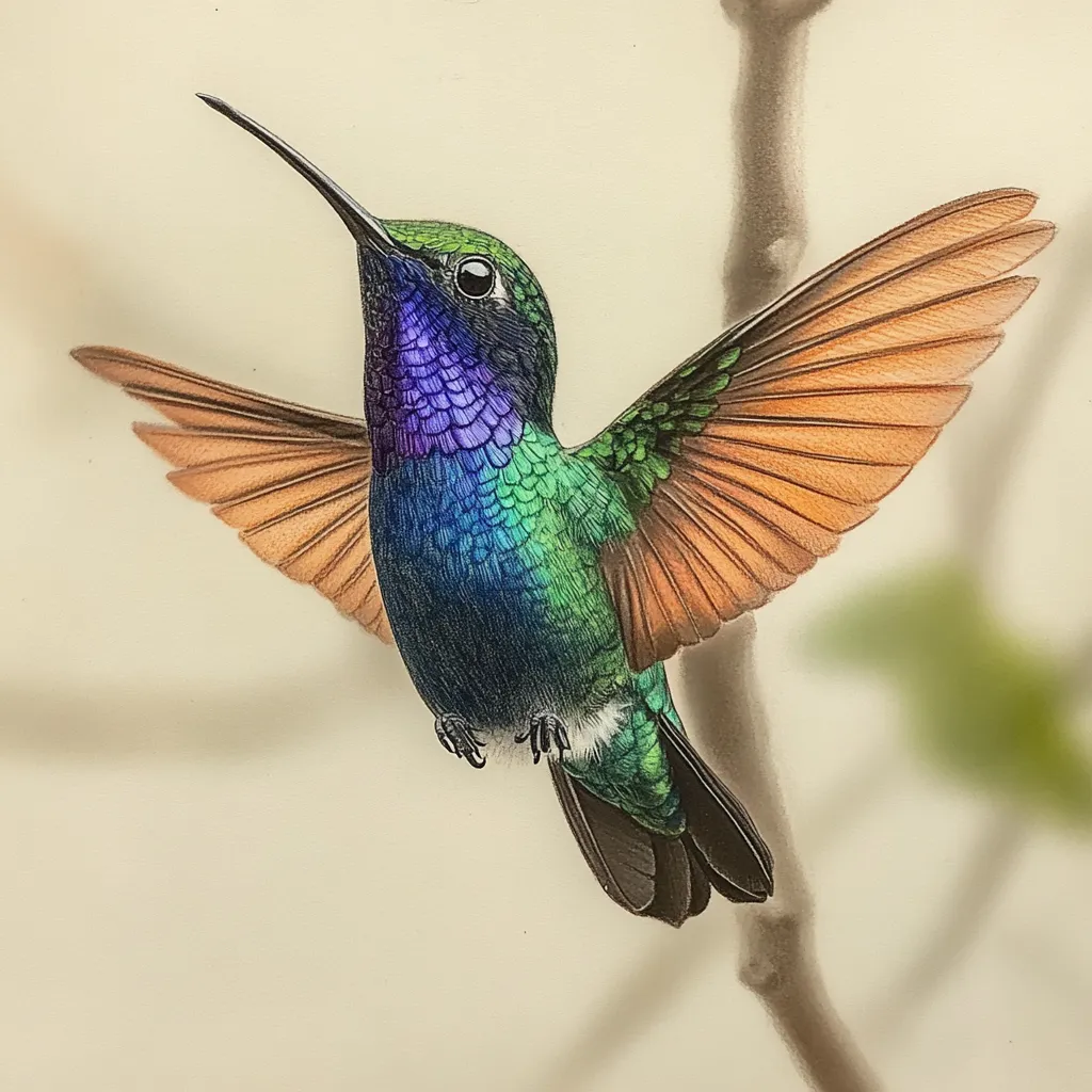 A detailed illustration of the Santa Marta Sabrewing hummingbird, featuring vibrant green and blue tones. Part of the Handcrafted Hummingbird Art Pre-Order collection.