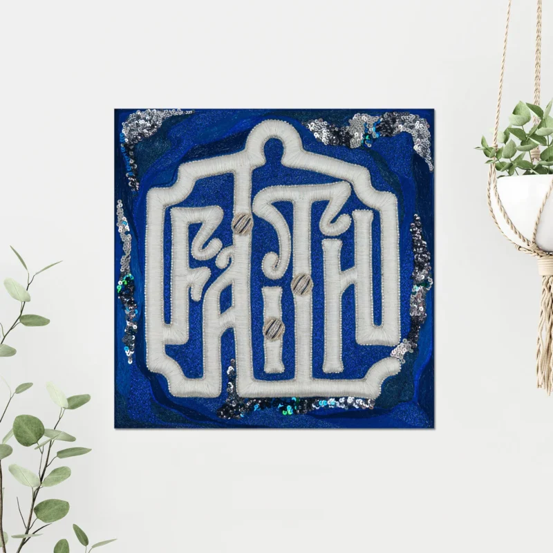 Faith square art print with contemporary embroidery in blue and silver