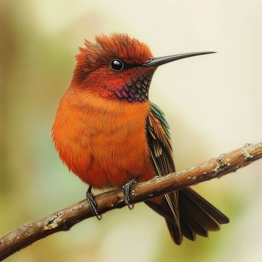 A vivid red and orange illustration of the Juan Fernandez Firecrown hummingbird, showcasing its striking plumage. Part of the limited Handcrafted Hummingbird Art Pre-Order