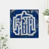 Faith square art print with contemporary embroidery in blue and silver