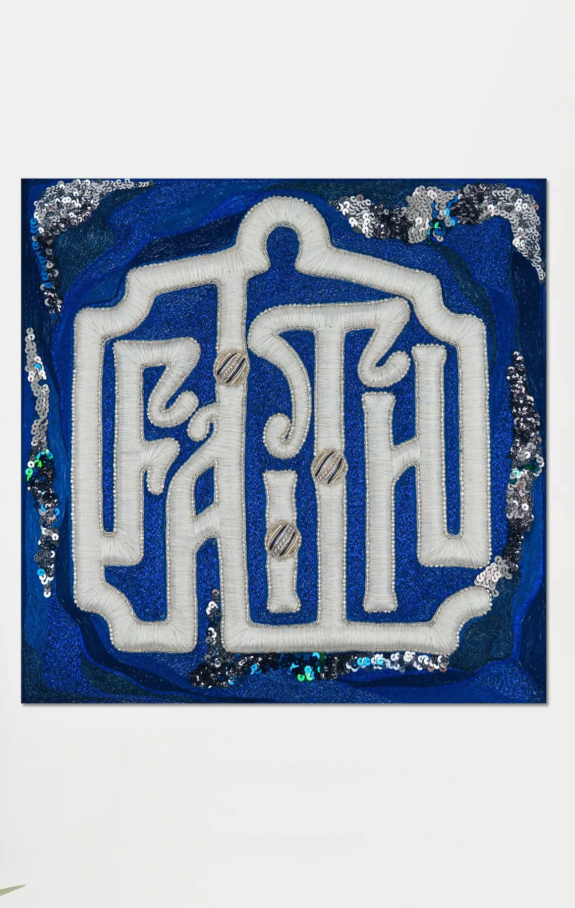 Faith square art print with contemporary embroidery in blue and silver