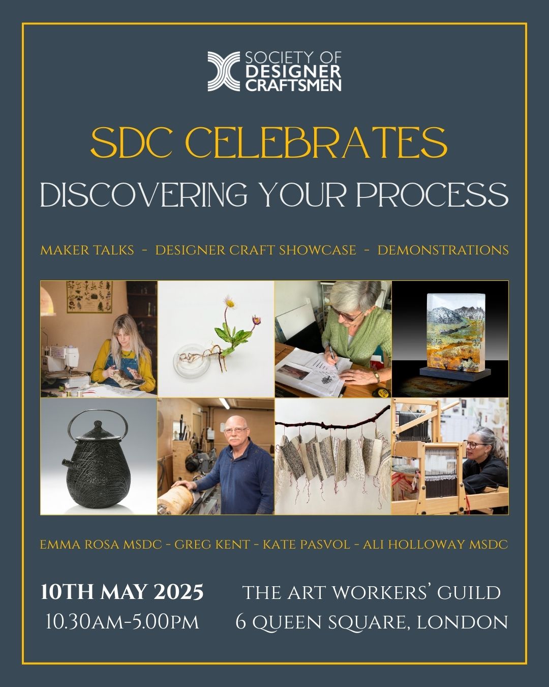 sdc celebrates luneville embroidery demonstration flyer | Ksenia Semirova. Embroidery art Flyer for 'SDC Celebrates: Discovering Your Process' event, featuring Luneville embroidery demonstration by Ksenia Semirova, 10 May 2025, London.