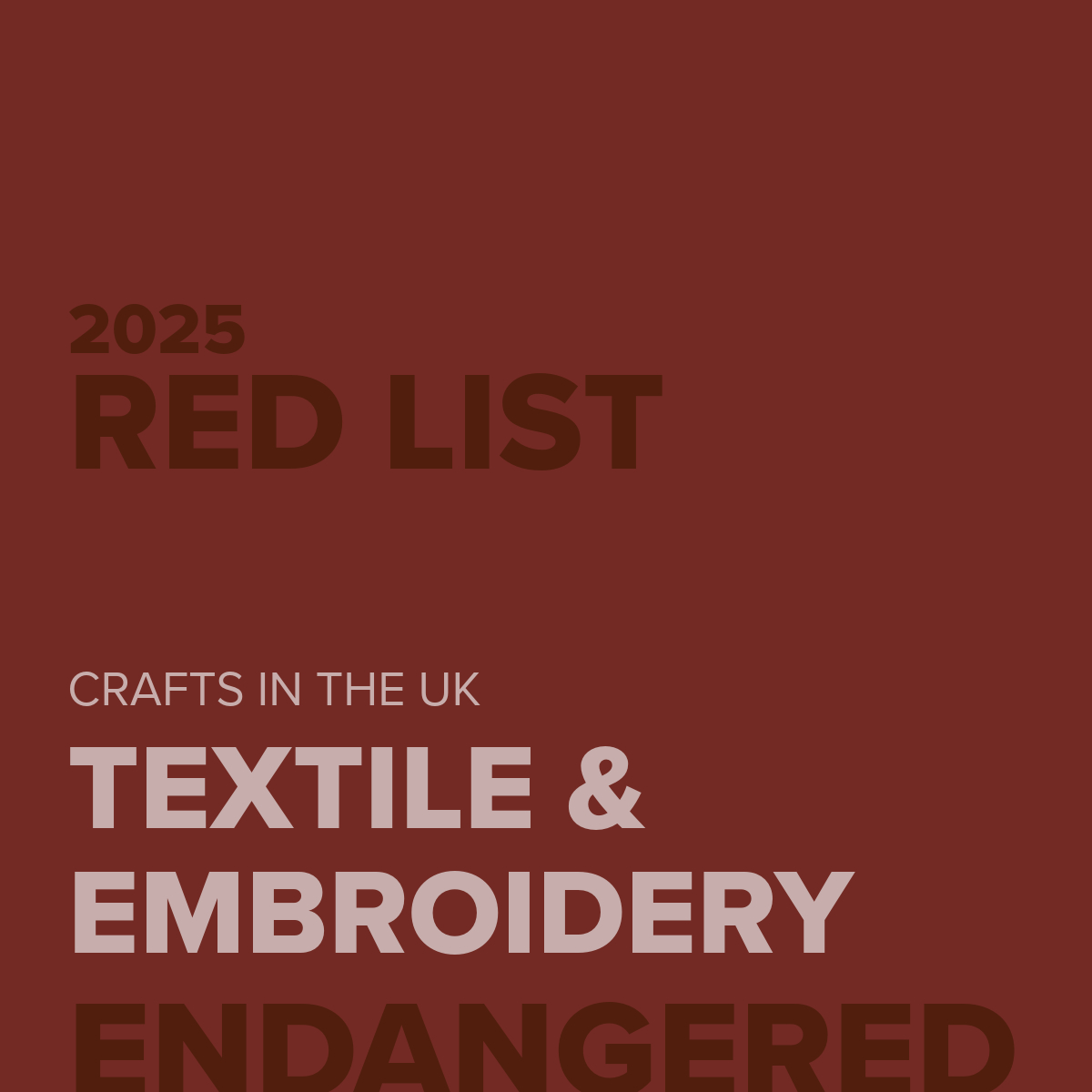 2025 Red List Endangered Textile and Embroidery Crafts UK | Ksenia Semirova. Embroidery art Cover image for a blog article on endangered textile and embroidery crafts in the UK, featuring bold red typography on a maroon background referencing the 2025 Red List.