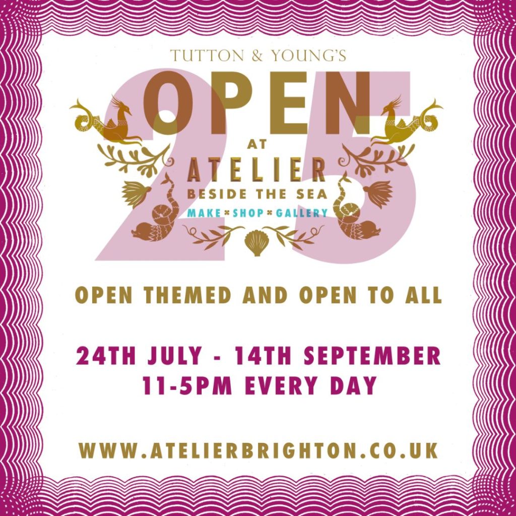 Poster for Atelier Open 2025 at Atelier Beside the Sea, Brighton, announcing an open-themed art exhibition running from 24th July to 14th September 2025, open daily.