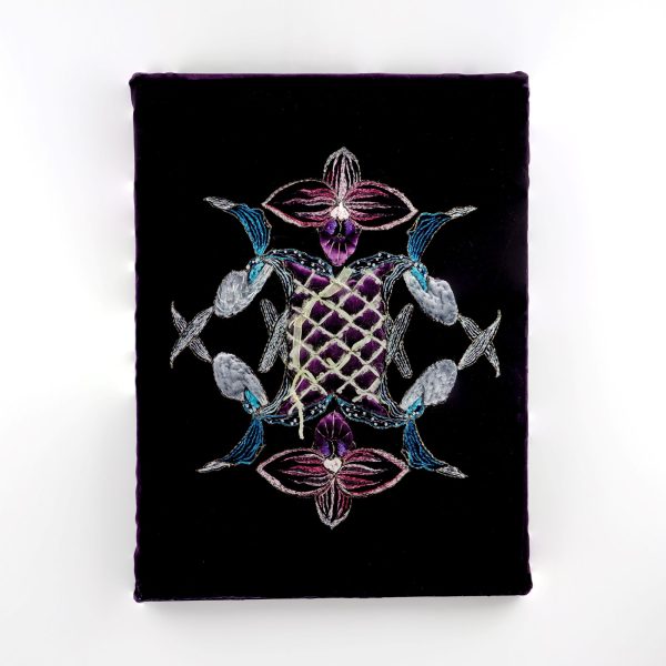 One-of-a-kind embroidered artwork featuring abstract orchid composition on dark purple velvet by Ksenia Semirova, A3 size, stretched and ready to hang