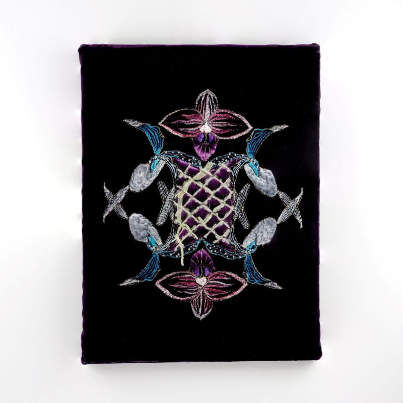 One-of-a-kind embroidered artwork featuring abstract orchid composition on dark purple velvet by Ksenia Semirova, A3 size, stretched and ready to hang