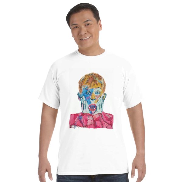 Model wearing white t-shirt with textile-style portrait of Kevin from Home Alone on the front