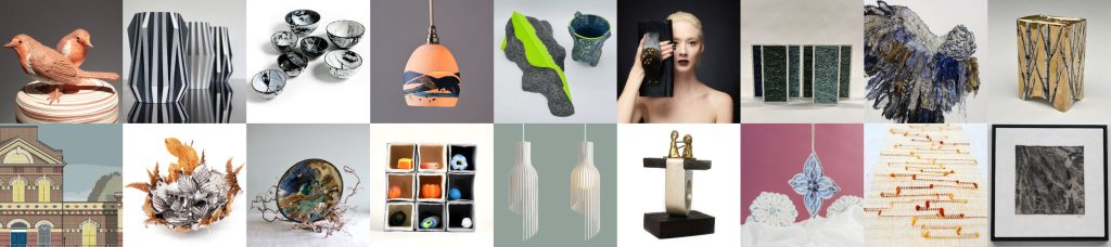 Composite of contemporary artworks from the 'Materialised' exhibition at The Regency Town House, Brighton. Includes ceramics, lighting, textiles, jewellery, and metalwork by Design-Nation South members