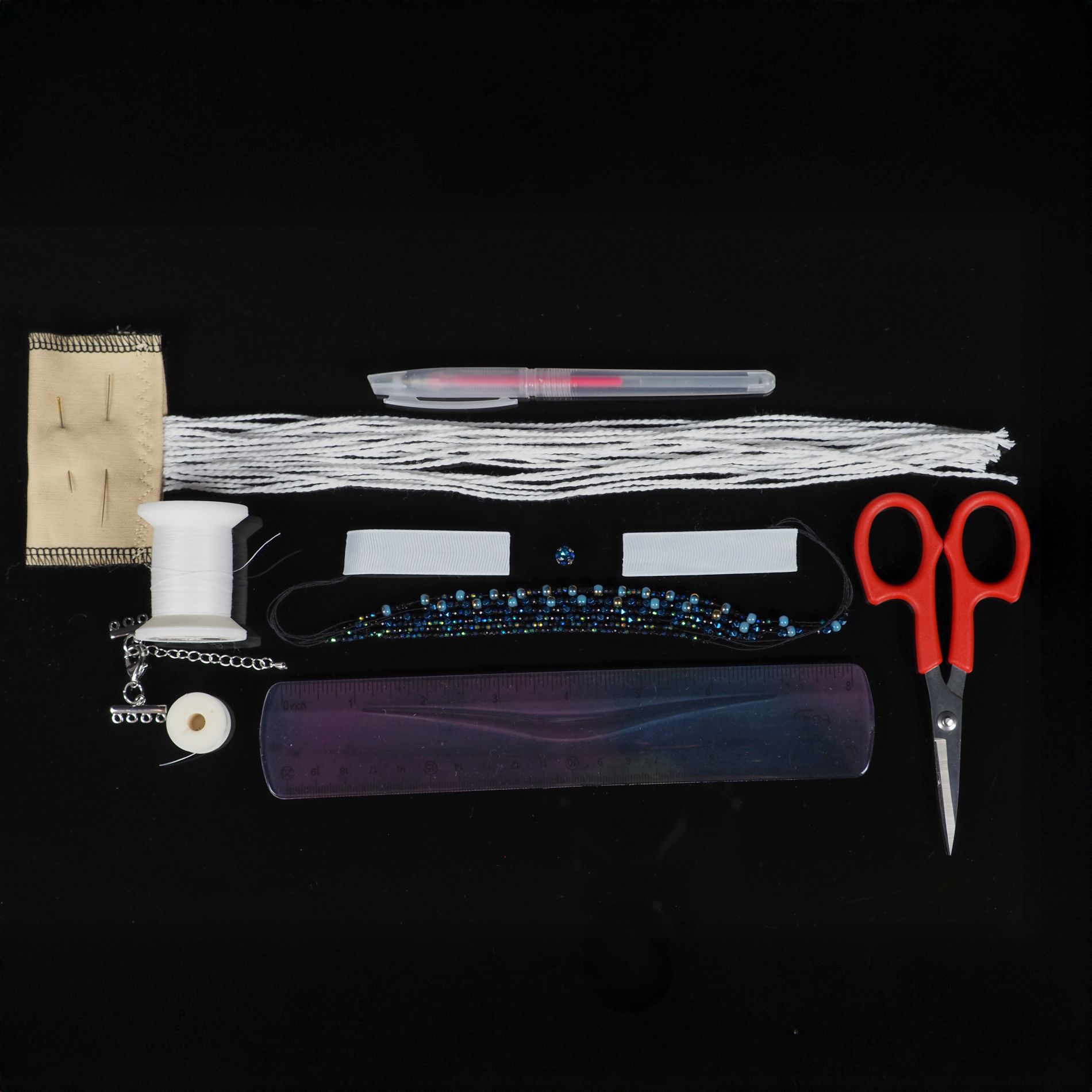 Materials for Multi-Strand Pearl-Setting Bracelet Workshop | Ksenia Semirova. Embroidery art Flat lay of embroidery workshop materials, including beads, threads, needles, scissors, ribbon, and ruler, prepared for creating a multi-strand bracelet