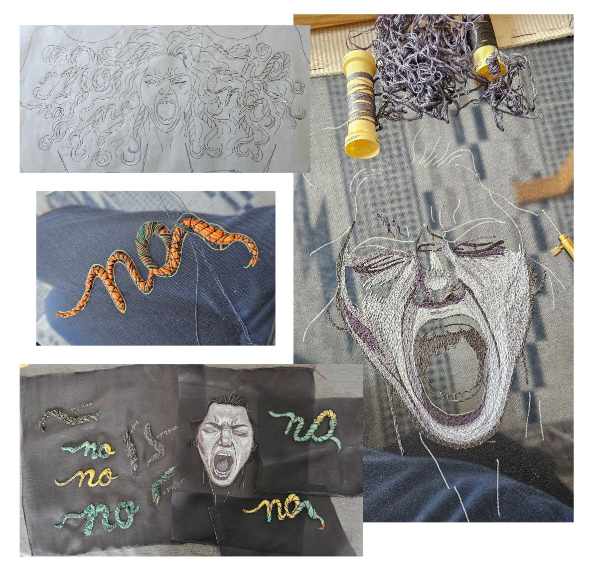 Collage showing embroidery process, stitched screaming face, and experiments with rope-like “No” lettering for The Power of No corset by Ksenia Semirova