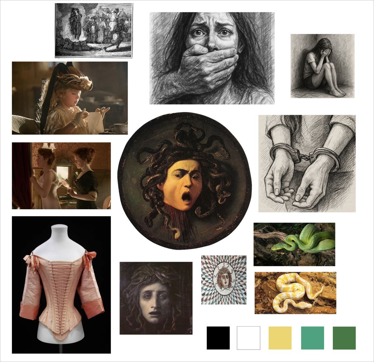 Moodboard including images of historical corsets, Medusa paintings, snakes, and visual themes of restraint, silence, and female rage, compiled for The Power of No project by Ksenia Semirova