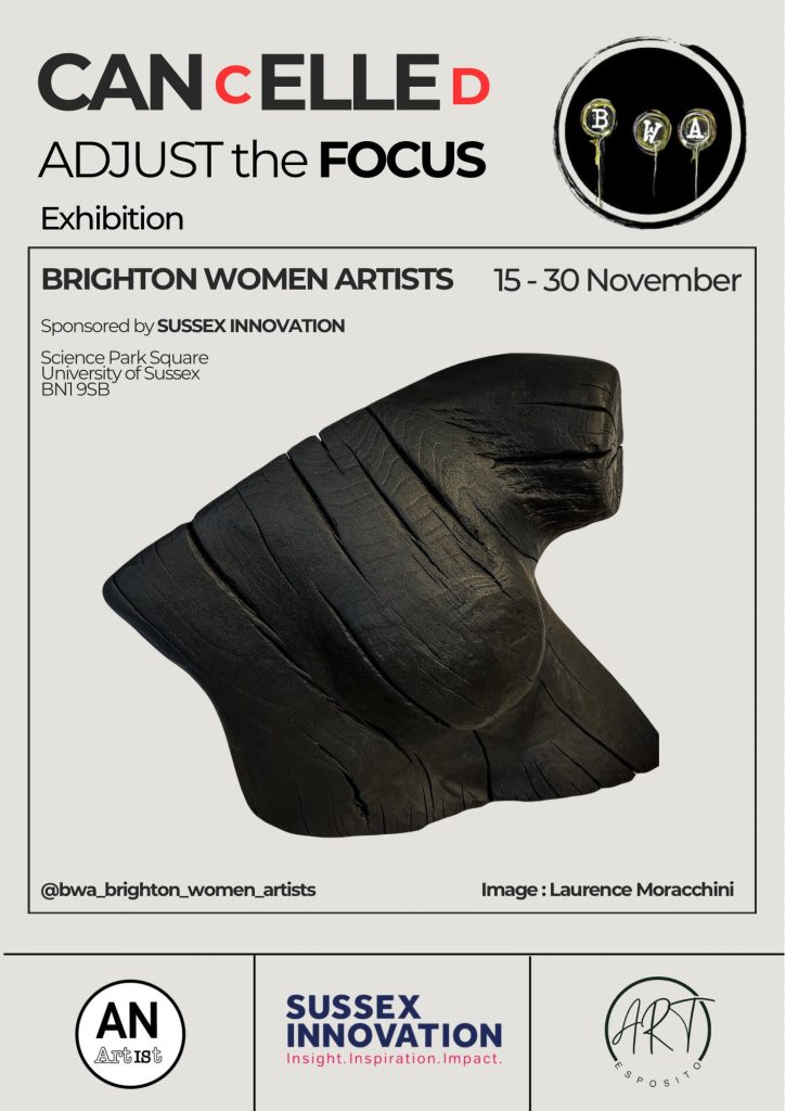 Poster for “CANCELLED: Adjust the Focus,” Brighton Women Artists exhibition at the University of Sussex, 15–30 November 2025