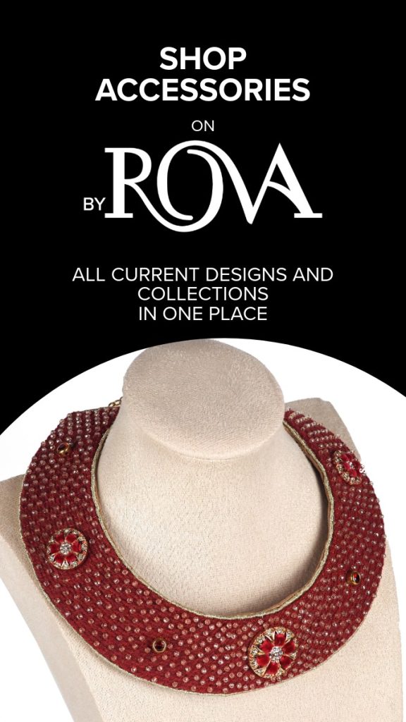 Banner featuring a handcrafted red embroidered collar necklace and text: “Shop accessories on By Rova – all current designs and collections in one place.”